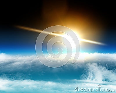 Aerial view of the sun above the clouds, space stratosphere. Global warming, climate change. Ozone hole Stock Photo