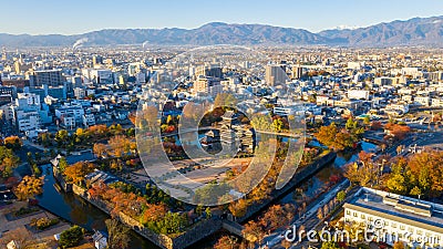 Aerial view Sunrise of Matsumoto Castle in Nagano City,Japan Stock Photo