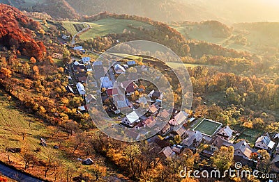 Aerial view of sunrise over rural village, Slovakia Stock Photo