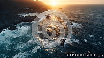 Aerial view of sunset over Atlantic ocean at Cabo da Roca, Portugal Cartoon Illustration