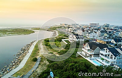 Aerial view of the sunset over North Wildwood sea wall Stock Photo