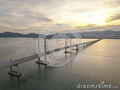 Aerial view sunset Penang Second Bridge Stock Photo