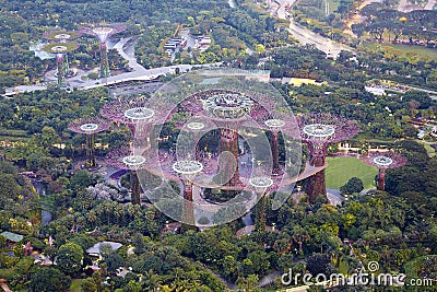 Aerial view of Supertree Grove, Gardens by the Bay, Singapore Editorial Stock Photo