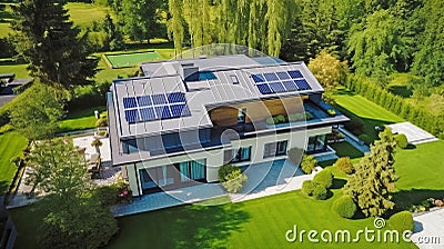 Aerial View of a Sustainable Modern Luxury Home with solar panels and big lawn with trees, concept of eco friendly house Stock Photo