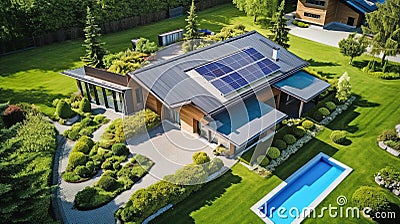 Aerial View of a Sustainable Modern Luxury Home with solar panels and big lawn with trees, concept of eco friendly house Stock Photo