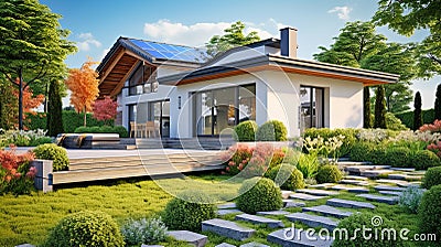 Aerial View of a Sustainable Modern Luxury Home with solar panels and big lawn with trees, concept of eco friendly house Stock Photo