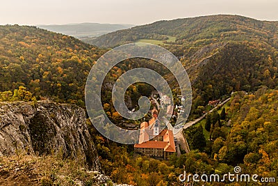 Aerial view of Svaty Jan pod Skalou monastery and village, Czech Republ Stock Photo