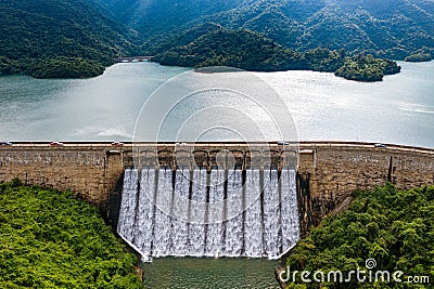 Aerial view of Tai Tam reservoir discharges Stock Photo