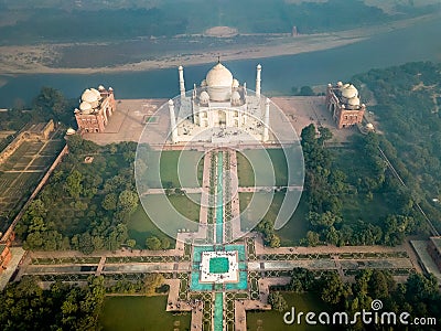 Aerial view of Taj Mahal in Agra India covered with morning fog Stock Photo