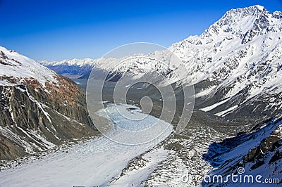 Aerial view of the Tasman Glacier and Aoraki / Mount Cook, Southern Alps, New Zealand. Stock Photo