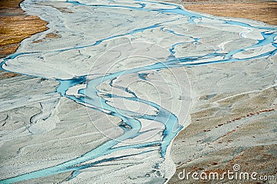 Aerial view of the Tasman River headwaters in Mount Cook National Park, New Zealand. Stock Photo