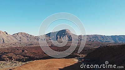 Aerial view - Teide National Park, desert, frozen lava and high mountains, the foot of the volcano Stock Photo