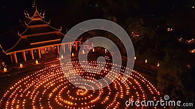 Aerial view of a temple complex lit up with rows of candles forming intricate patterns on the ground, with devotees Stock Photo