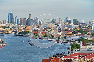 Aerial view of Temple of Dawn or Wat Arun of Chao Phraya River, Bangkok, Thailand in Rattanakosin Island in architecture, Urban Stock Photo