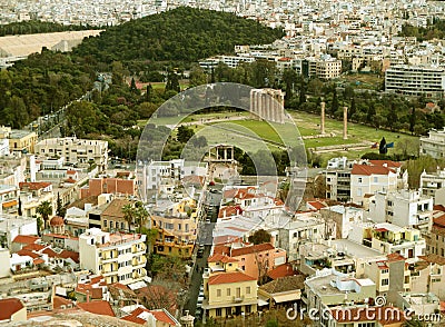 Aerial view of the Temple of Olympian Zeus and the Arch of Hadrian as seen from the Acropolis of Athens, Greece Stock Photo