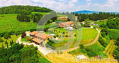 Aerial view of Tenuta Coffele, an old farmhouse in the hills around Soave, Italy. Stock Photo