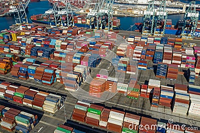 Aerial view of a thousands of shipping containers on the ground in Long Beach port near Los Angeles California Editorial Stock Photo