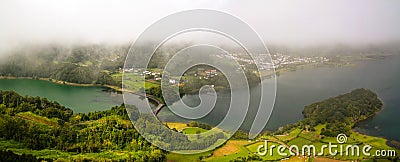 Aerial view to Azul and Verde lakes at Sete Cidades, Sao Miguel, Azores, Portugal Stock Photo