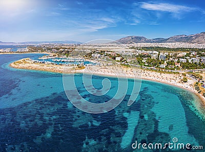 Aerial view to the beach of Glyfada with yacht marinas and turquoise sea, Greece Stock Photo