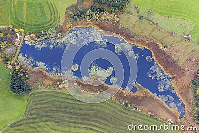 Aerial view to blue grosser eschacher weiher pond with green algae Stock Photo