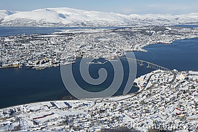 Aerial view to the city of Tromso, 350 kilometers north of the Arctic Circle, Norway Stock Photo