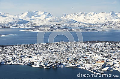 Aerial view to the city of Tromso, 350 kilometers north of the Arctic Circle, Norway Stock Photo