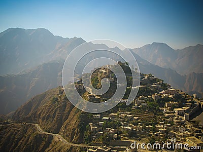 Aerial view to Hajjah city and Haraz mountain, Yemen Stock Photo