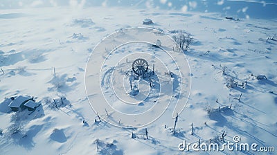 Aerial view to old wind mill in winter. Relative of windmill eco-friendly energy production Stock Photo