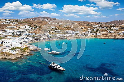 Aerial view to the Platis Gialos beach on the island of Mykonos Stock Photo