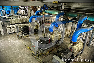 Aerial view to pumps of air pumping station of wastewater treatment plant Stock Photo