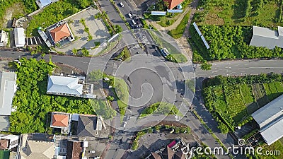 Aerial view to road congestion in front of street crossing, approaching intersection. Jalan Sunset Road at the Kuta Stock Photo