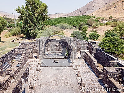 Aerial view to the ruins of Kursi - a large Byzantine 8th-century monastery in which Jesus Christ performed miracles on the Stock Photo