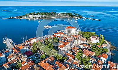 Aerial view to the town of Porec in Istria, Croatia on Adriatic coast Stock Photo