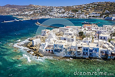 Aerial view to the whitewashed houses and churches of the old town of Mykonos, Greece Stock Photo