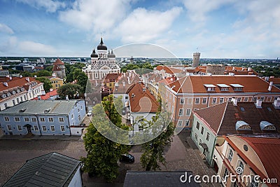 Aerial view of Toompea Hill with Alexander Nevsky Cathedral and Tall Hermann Tower Pikk Hermann - Tallinn, Estonia Editorial Stock Photo