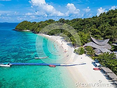Aerial view or top view of tropical island beach with clear water at Banana beach, Coral Island, Koh Hey, Phuket Editorial Stock Photo