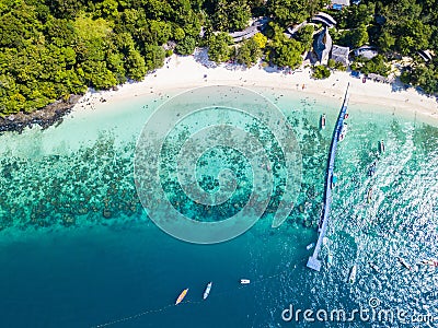 Aerial view or top view of tropical island beach with clear water at Banana beach, Coral Island, Koh Hey, Phuket Stock Photo