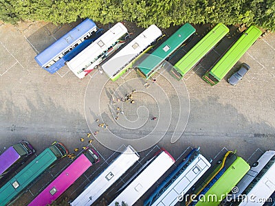 Aerial view of tourist buses on parking Stock Photo