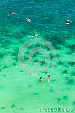 Aerial view of tourists snorkeling in a tropical sea near Mu Koh Ang Thong Island Editorial Stock Photo