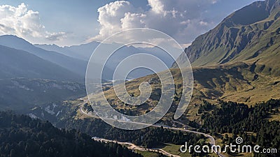 Aerial view towards the Lucomagno Pass, Lukmanier Pass, a mountain pass in the Swiss Alps in the canton of Graubunden. A Stock Photo