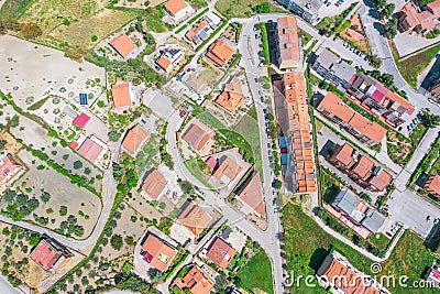 Aerial view town with houses and ceramic tiles, solar panels, streets Stock Photo