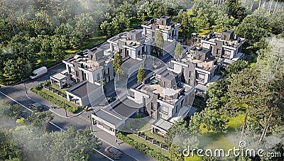 Aerial view of a townhouse village / gated community in the foggy morning, 3d render Stock Photo