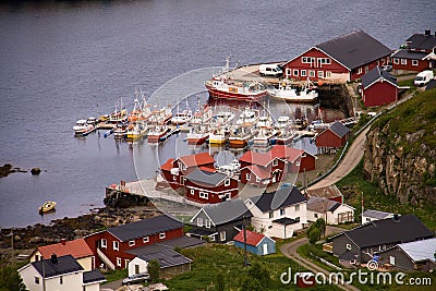 Aerial view of traditional Norwegian fisherman Rorbu cabin in small port village called Langenes, Vesteralen, Norway Editorial Stock Photo