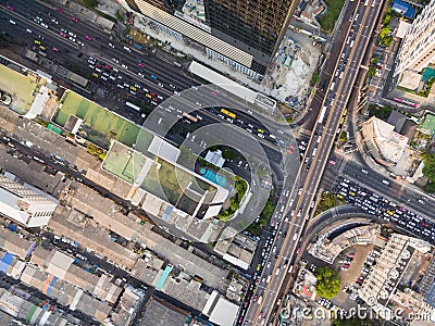 aerial view of traffic junction and transportation road in city, top and birdeyes view shot 90 degree Stock Photo