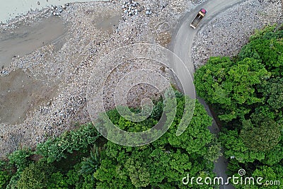 Aerial View of trail`s truck mining. Stock Photo