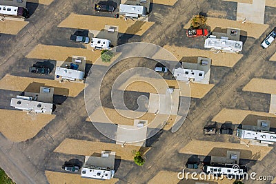 Aerial view of travel RV clubhouse with camping RV trailer on resort parking camping park Stock Photo