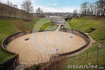 Aerial view of Trier Amphitheater Arena - old Roman Ruins - Trier, Germany Editorial Stock Photo