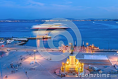 evening Lisbon embankment, cruise liner Stock Photo