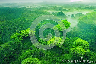 Aerial view of tropical forest filled with lots of green trees. Generative AI Cartoon Illustration