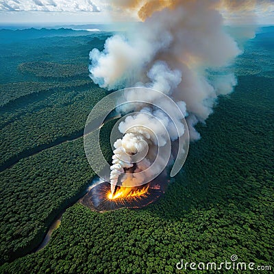 Aerial view of tropical rainforest Illegal fire Burning Environmental ecological Cartoon Illustration